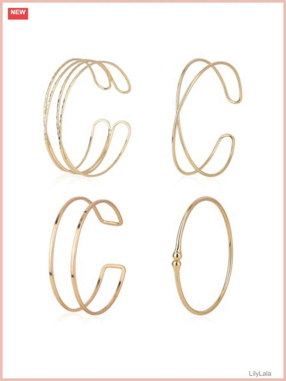 Adjustable Gold Alloy 4pc Arm Cuff Bracelet Set Coil Bangle Jewelry for Women